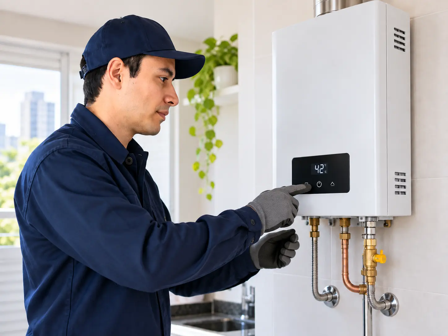 Técnico fazendo manutenção em aquecedor residencial