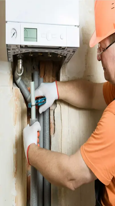 Técnico realizando manutenção em aquecedor a gás