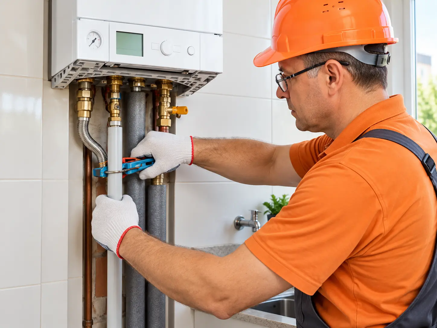Técnico realizando manutenção em aquecedor a gás