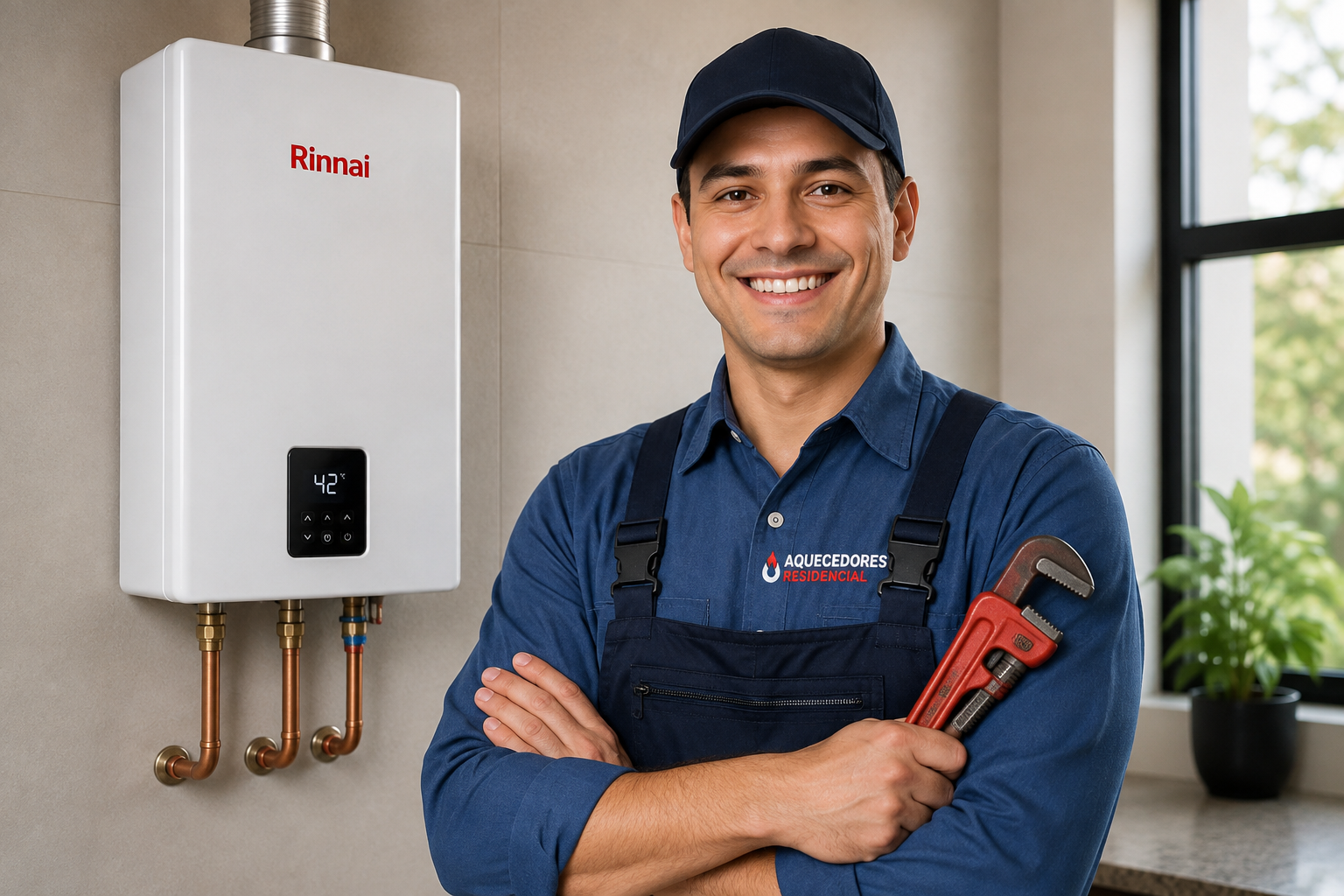 Técnico realizando manutenção em aquecedor a gás